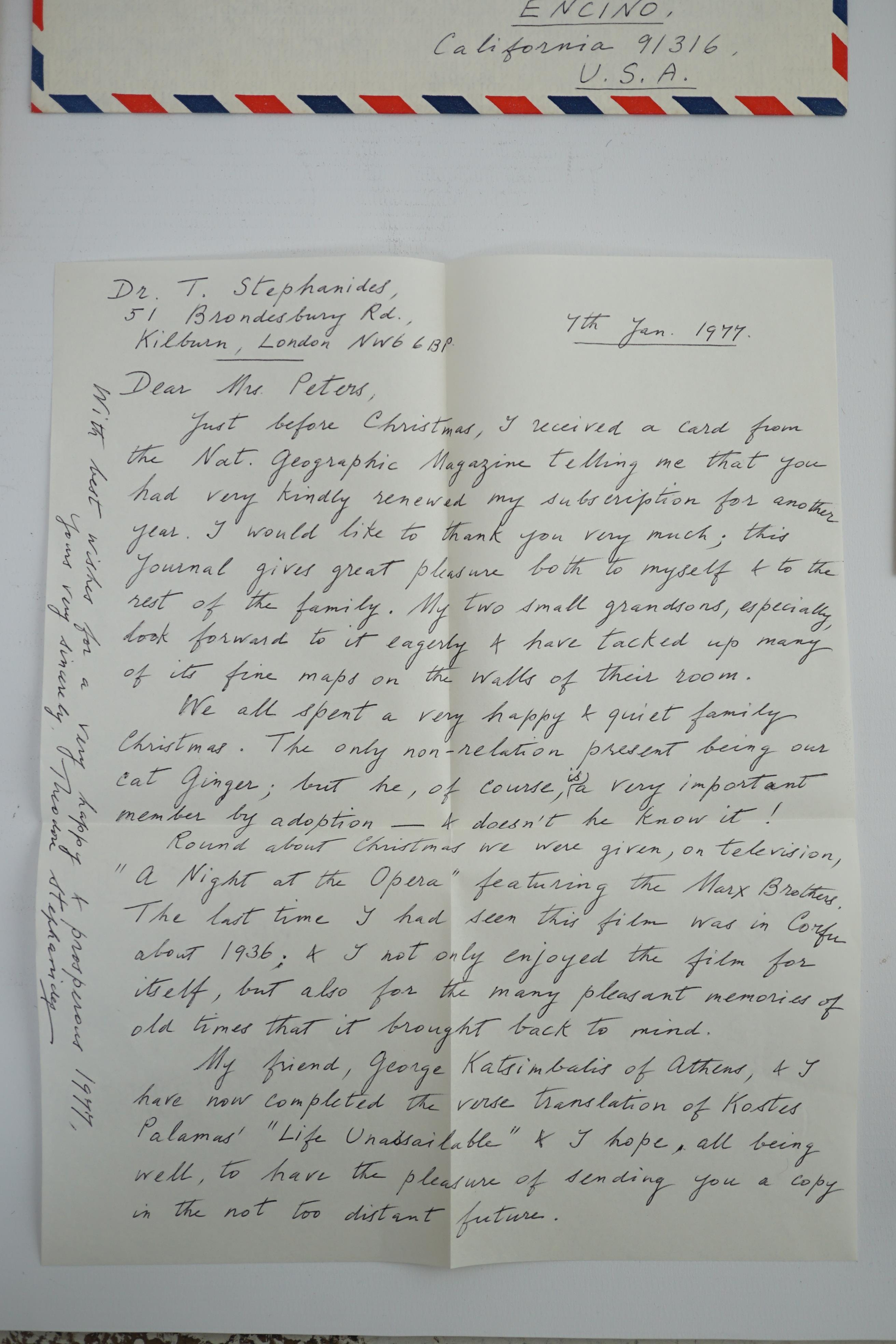 Theodore Stephanides interest; a small archive of correspondence along with a signed and dedicated copy of A Hundred Voices, pub. Kostes Palamas 1976, between Stephanides and Eleanor Peters, including letters, a postcard